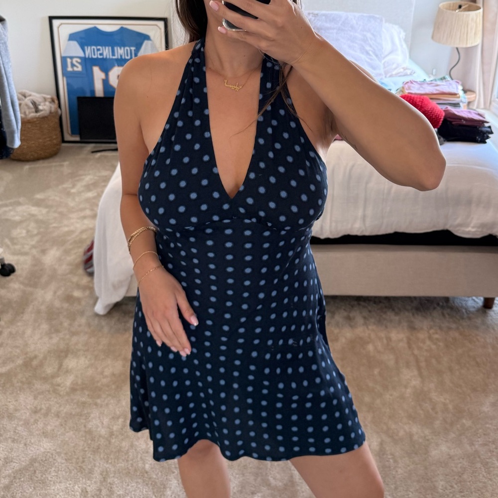 Reformation Navy Polka Dot Halter Dress